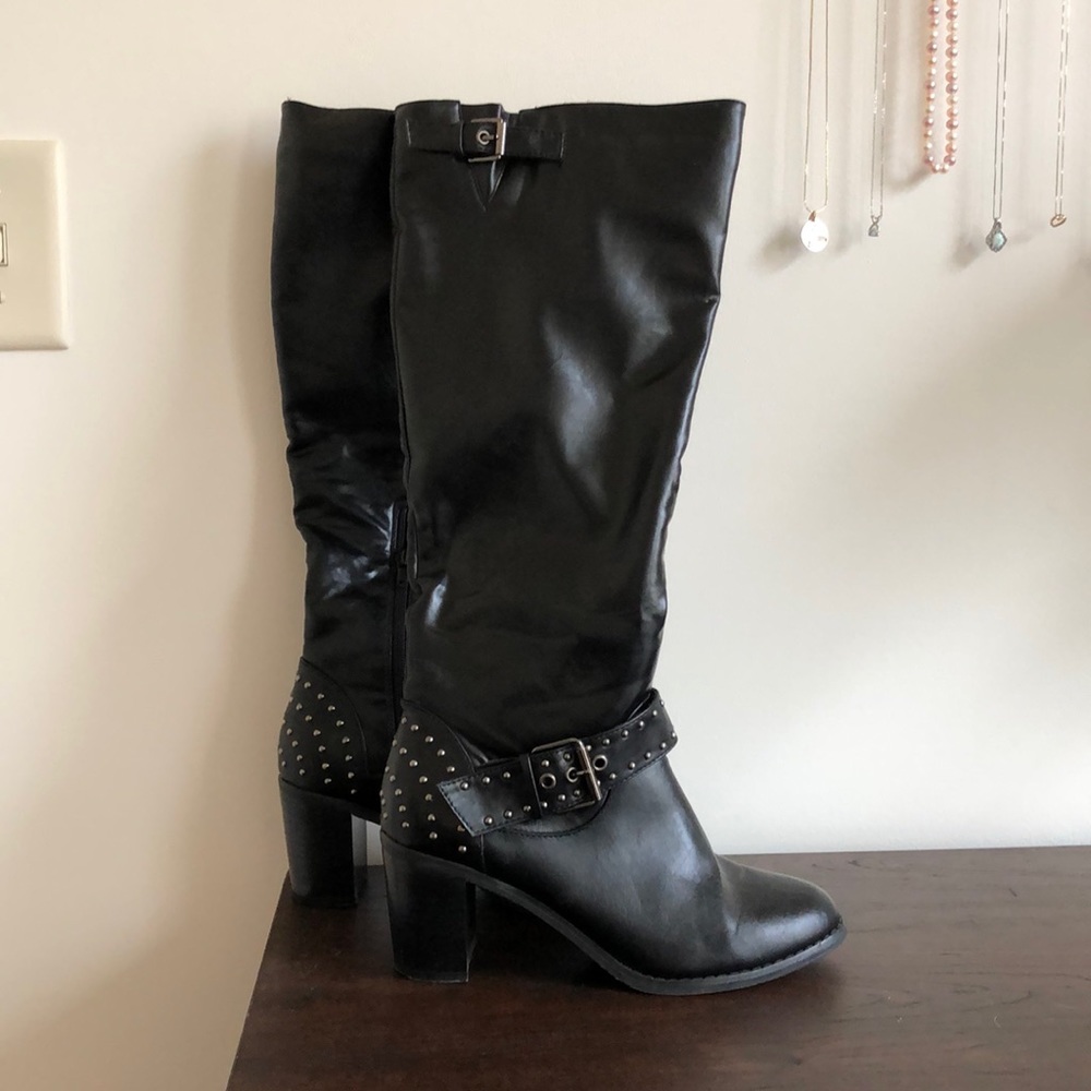Black studded buckled boots